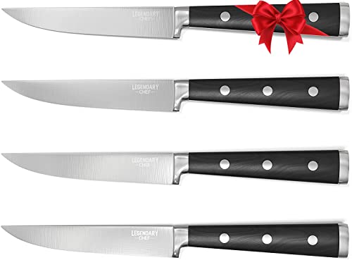 LEGENDARY CHEF Super Sharp Premium Steak Knife Non Serrated- High Carbon Stainless Steel Steak Knives Set of 4 - Triple Rivet Black Walnut Handles