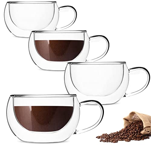 DeeCoo Double Wall Cappuccino Mugs 10oz, Clear Coffee Mug Set of 4 Espresso Cups, Insulated Glass with Handles (Latte Glasses,Tea)