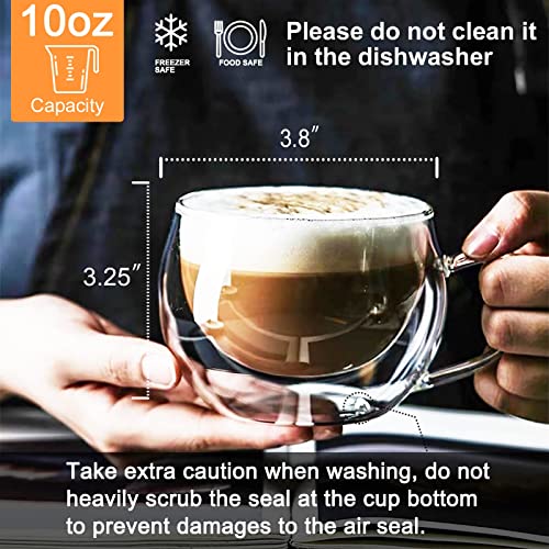 DeeCoo Double Wall Cappuccino Mugs 10oz, Clear Coffee Mug Set of 4 Espresso Cups, Insulated Glass with Handles (Latte Glasses,Tea)