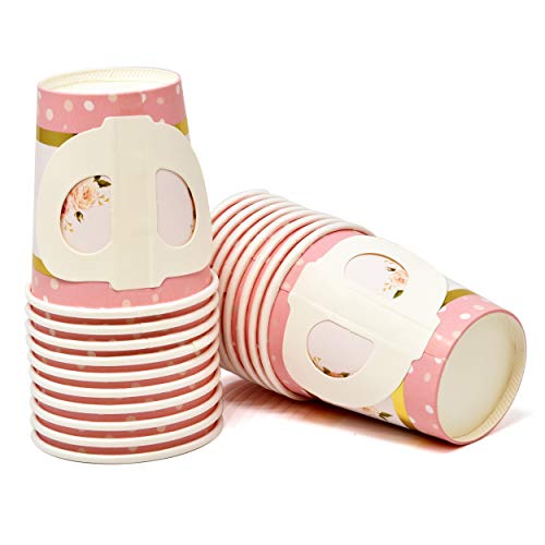 36 Disposable Tea Party Cups 5 oz 3" 36 Saucers 5" Paper Floral Shaped Plate Teacup Set with Handle for Kids Girls Mom Coffee Mugs Wedding Birthday Baby Bridal Shower Gold Foil & Pink Table Supplies