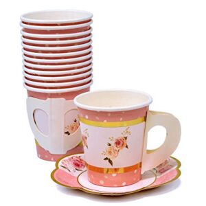 36 Disposable Tea Party Cups 5 oz 3" 36 Saucers 5" Paper Floral Shaped Plate Teacup Set with Handle for Kids Girls Mom Coffee Mugs Wedding Birthday Baby Bridal Shower Gold Foil & Pink Table Supplies