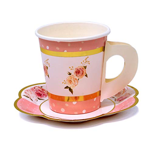 36 Disposable Tea Party Cups 5 oz 3" 36 Saucers 5" Paper Floral Shaped Plate Teacup Set with Handle for Kids Girls Mom Coffee Mugs Wedding Birthday Baby Bridal Shower Gold Foil & Pink Table Supplies