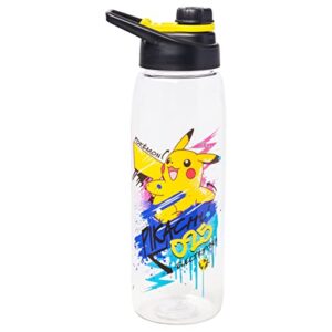 silver buffalo pokémon skate graffiti electrifying pikachu tritan water bottle, screw top lid, 28 ounces