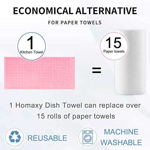 Homaxy 100% Cotton Terry Kitchen Towels(Pink, 13 x 28 inches), Checkered Designed, Soft and Super Absorbent Dish Towels, 4 Pack