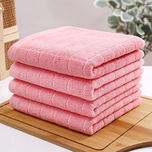 Homaxy 100% Cotton Terry Kitchen Towels(Pink, 13 x 28 inches), Checkered Designed, Soft and Super Absorbent Dish Towels, 4 Pack