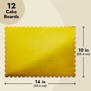 12 Pack Quarter Sheet Gold Cake Boards, 10x14 Inch Scalloped Foil Rectangle Dessert Bases for Cupcakes