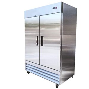 commercial refrigerator 2-doors solid upright reach in two section stainless steel 54" width, capacity 43 cuft, bottom mounted restaurant quality kitchen cooler fridge side by side