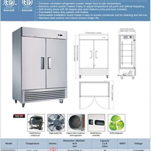 Commercial Refrigerator 2-Doors Solid Upright Reach in Two Section Stainless Steel 54" Width, Capacity 43 Cuft, Bottom Mounted Restaurant Quality Kitchen Cooler Fridge Side by Side