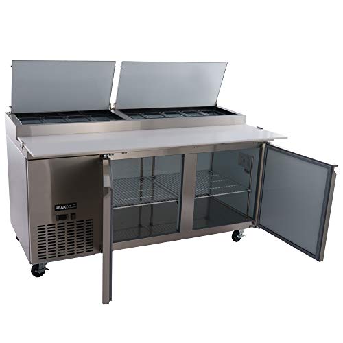 PEAKCOLD Stainless Steel Double Door Refrigerated Pizza Prep Table; 71" W