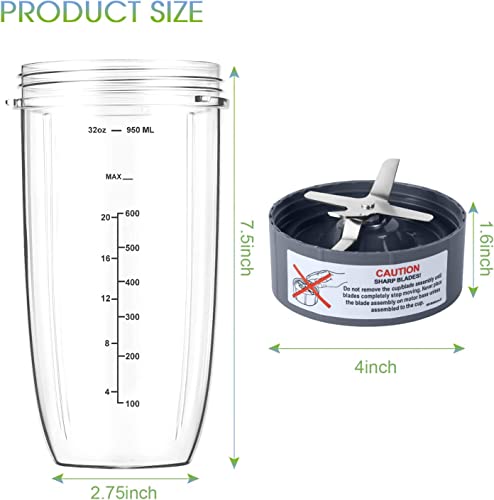 New Blender Cup and Blade Replacement Parts 32oz Cup and Extractor Blade and 2 Rubber Gaskets 4-Piece Compatible with NutriBullet High-Speed Blender/Mixer System 600W/900W Series