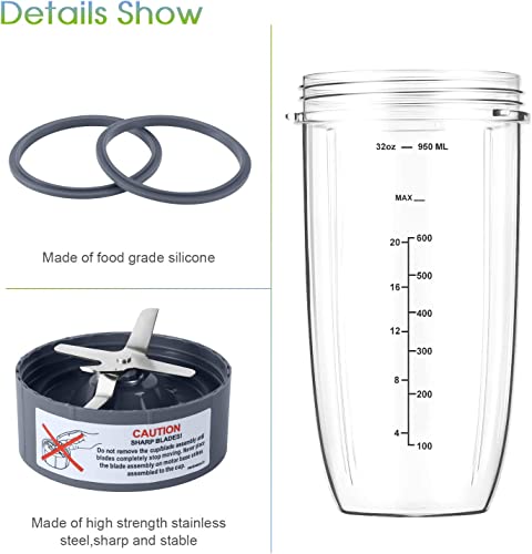 New Blender Cup and Blade Replacement Parts 32oz Cup and Extractor Blade and 2 Rubber Gaskets 4-Piece Compatible with NutriBullet High-Speed Blender/Mixer System 600W/900W Series