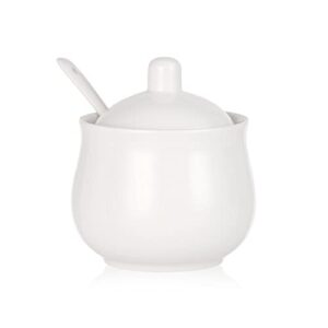 childike ceramic sugar bowl with lid and spoon, white porcelain sugar salt pepper storage jar, 8 ounces