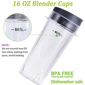 16oz Blender Cup Set for Ninja Replacement Parts Single Serve Blender Cup With Lids Set For BL770 BL780 BL660 BL740 BL810 Nutri Ninja Series Blenders (2-pack)