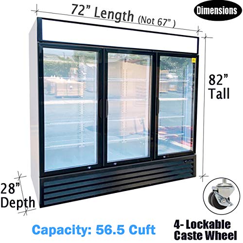 Commercial Refrigerator Glass 3-Door Merchandiser Display Cooler Case Fridge NSF, Bottom-Mounted 71 inches width, capacity 56 cuft 110V, Restaurant Kitchen Cafe GDM-69B