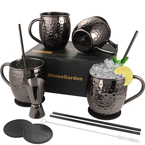 DUNCHATY Moscow Mule Mugs Set of 4, Gift Set Black Mule Mugs Pure Solid Hammered Stainless Steel Mule Mug for Drinking, 16OZ Food Safe 100% Handcrafted Moscow Mule Kit