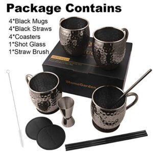 DUNCHATY Moscow Mule Mugs Set of 4, Gift Set Black Mule Mugs Pure Solid Hammered Stainless Steel Mule Mug for Drinking, 16OZ Food Safe 100% Handcrafted Moscow Mule Kit