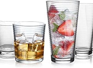 Drinking Glasses - Set of 8 Glass Cups, 4 Highball Glasses (17oz) 4 Rocks Glasses (13oz) Ribbed Glasses for Mixed Drinks, Water, Juice, beer, Wine, Excellent Gift!