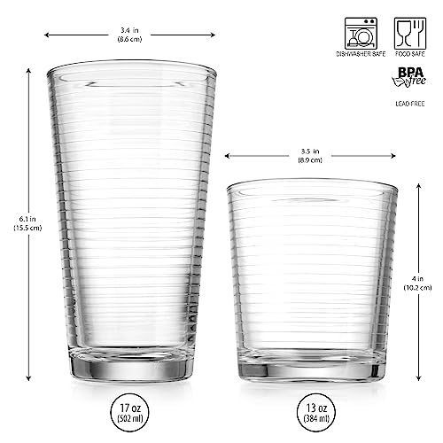 Drinking Glasses - Set of 8 Glass Cups, 4 Highball Glasses (17oz) 4 Rocks Glasses (13oz) Ribbed Glasses for Mixed Drinks, Water, Juice, beer, Wine, Excellent Gift!