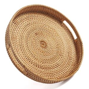 decrafts round rattan serving tray decorative woven ottoman trays with handles for coffee table natural (small 11.8 inch x 2.4 inch)