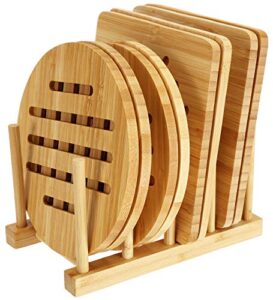 lawei 8 pack bamboo trivets with dish rack - bamboo trivet mat bamboo hot pads trivet for hot dishes, pot, bowl, teapot