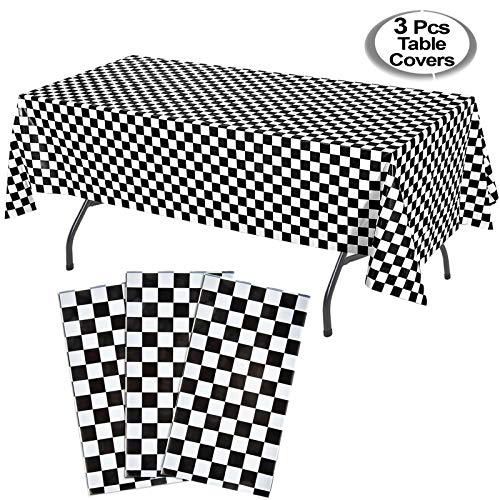 AnapoliZ Black Checkered Tablecloth Plastic | 3 Pcs Pack - 54” Wide x 108” Long | Black and White Checkered Disposable Table Cover | Checkered Flag Tablecloth | Retro, Diner, Racing Party Décor