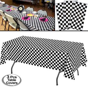 AnapoliZ Black Checkered Tablecloth Plastic | 3 Pcs Pack - 54” Wide x 108” Long | Black and White Checkered Disposable Table Cover | Checkered Flag Tablecloth | Retro, Diner, Racing Party Décor