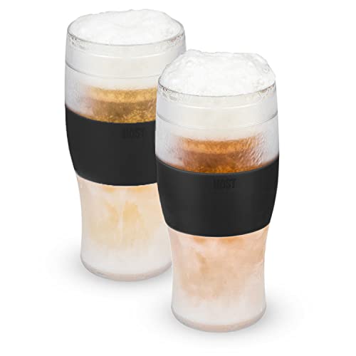 Host Freeze Beer Glasses, 16 ounce Freezer Gel Chiller Double Wall Plastic Frozen Pint Glass, Set of 2, Black