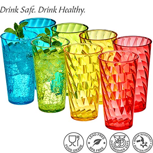 Amazing Abby - Glacier - 18-Ounce Plastic Tumblers (Set of 8), Plastic Drinking Glasses, Mixed-Color High-Balls, Reusable Plastic Cups, Stackable, BPA-Free, Shatter-Proof, Dishwasher-Safe