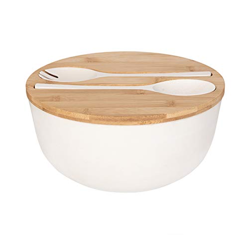 GEHE Bamboo Salad Bowl with Servers Set - Large 9.8 inches mixing bowls Solid Bamboo Salad Wooden Bowl with Bamboo Lid Spoon for Fruits,Salads and Decoration (White, 9.8INCH)