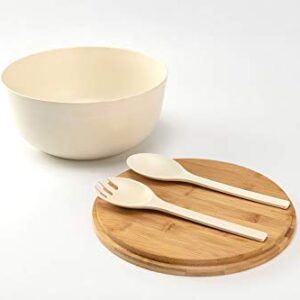 GEHE Bamboo Salad Bowl with Servers Set - Large 9.8 inches mixing bowls Solid Bamboo Salad Wooden Bowl with Bamboo Lid Spoon for Fruits,Salads and Decoration (White, 9.8INCH)