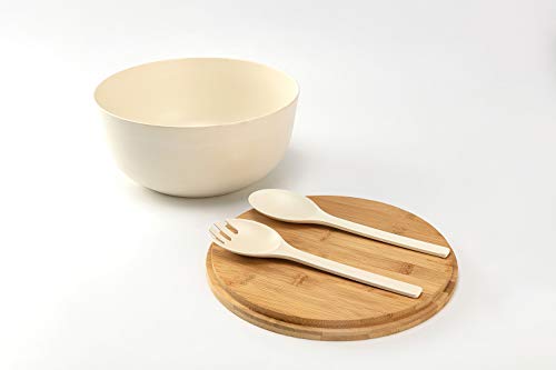 GEHE Bamboo Salad Bowl with Servers Set - Large 9.8 inches mixing bowls Solid Bamboo Salad Wooden Bowl with Bamboo Lid Spoon for Fruits,Salads and Decoration (White, 9.8INCH)