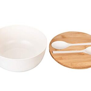 GEHE Bamboo Salad Bowl with Servers Set - Large 9.8 inches mixing bowls Solid Bamboo Salad Wooden Bowl with Bamboo Lid Spoon for Fruits,Salads and Decoration (White, 9.8INCH)