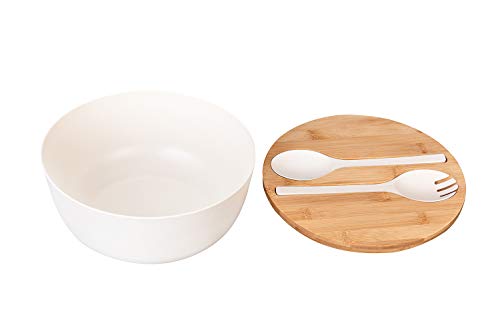 GEHE Bamboo Salad Bowl with Servers Set - Large 9.8 inches mixing bowls Solid Bamboo Salad Wooden Bowl with Bamboo Lid Spoon for Fruits,Salads and Decoration (White, 9.8INCH)