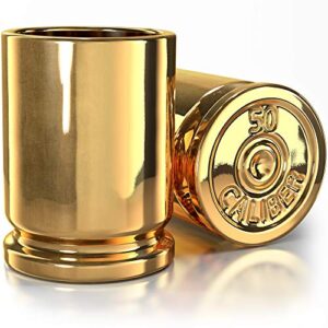 the original 50 caliber brass ceramic shot glasses - set of 2 - american owned & operated - lifetime guarentee