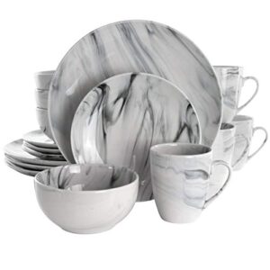 elama fine round gloss dinnerware dish set, 16 piece, black and white marble