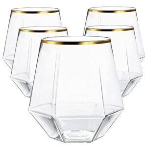 40 count diamond unbreakable stemless plastic wine champagne whiskey glasses elegant durable disposable indoor outdoor ideal for home, office, bars, wedding, 12 ounce cups gold rim (gold)