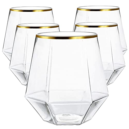 40 count Diamond Unbreakable Stemless Plastic Wine Champagne Whiskey Glasses Elegant Durable Disposable Indoor Outdoor Ideal for Home, Office, Bars, Wedding, 12 Ounce Cups Gold Rim (Gold)