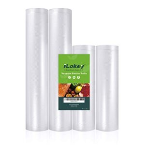 ilokey vacuum sealer bags rolls, 2 rolls 8”x 16.5' and 2 rolls 11”x 16.5', sealer bags for food storage, commercial grade food saver bags, heavy duty embossed and custom-sized design, bpa-free, perfect for sous vide (2 pack 8" x 16.5' and 2 pack 11" x 16.