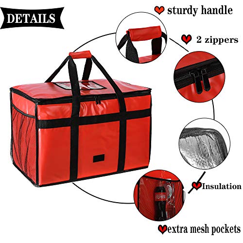 Insulated Pizza Carrier Bag for Food delivery -Foldable Heavy Duty Food Warmer Grocery Bag for Camping Catering Restaurants with Mesh Pockets