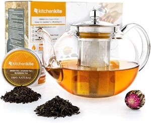 glass teapot with infuser- glass tea kettle for stove top with removable stainless steel strainer, microwave & dishwasher safe, tea pot with blooming, loose leaf tea sampler, tea diffuser & tea maker