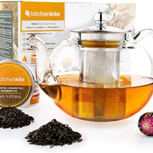 Glass Teapot with Infuser- Glass Tea Kettle for Stove Top with Removable Stainless Steel Strainer, Microwave & Dishwasher Safe, Tea Pot with Blooming, Loose Leaf Tea Sampler, Tea Diffuser & Tea Maker