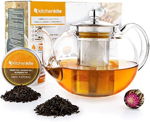 Glass Teapot with Infuser- Glass Tea Kettle for Stove Top with Removable Stainless Steel Strainer, Microwave & Dishwasher Safe, Tea Pot with Blooming, Loose Leaf Tea Sampler, Tea Diffuser & Tea Maker