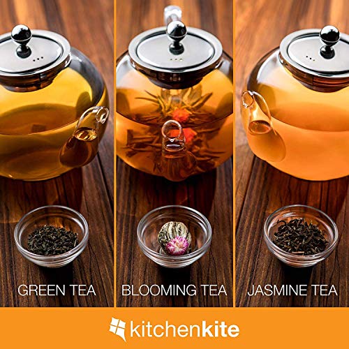 Glass Teapot with Infuser- Glass Tea Kettle for Stove Top with Removable Stainless Steel Strainer, Microwave & Dishwasher Safe, Tea Pot with Blooming, Loose Leaf Tea Sampler, Tea Diffuser & Tea Maker