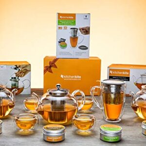 Glass Teapot with Infuser- Glass Tea Kettle for Stove Top with Removable Stainless Steel Strainer, Microwave & Dishwasher Safe, Tea Pot with Blooming, Loose Leaf Tea Sampler, Tea Diffuser & Tea Maker