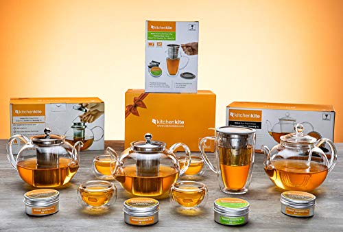 Glass Teapot with Infuser- Glass Tea Kettle for Stove Top with Removable Stainless Steel Strainer, Microwave & Dishwasher Safe, Tea Pot with Blooming, Loose Leaf Tea Sampler, Tea Diffuser & Tea Maker