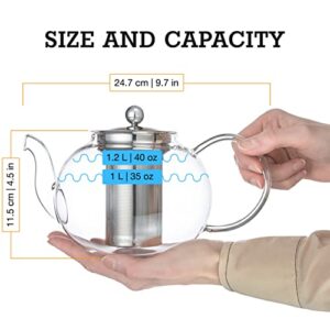 Glass Teapot with Infuser- Glass Tea Kettle for Stove Top with Removable Stainless Steel Strainer, Microwave & Dishwasher Safe, Tea Pot with Blooming, Loose Leaf Tea Sampler, Tea Diffuser & Tea Maker