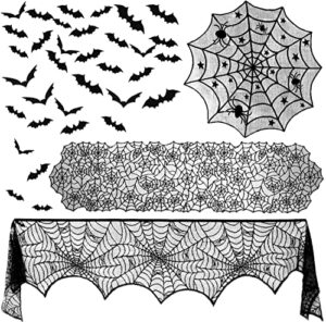zeedix 39 pcs halloween decorations include black lace spiderweb round tablecloth, fireplace scarf, rectangle table runner and 36 bats wall stickers for halloween home party decor