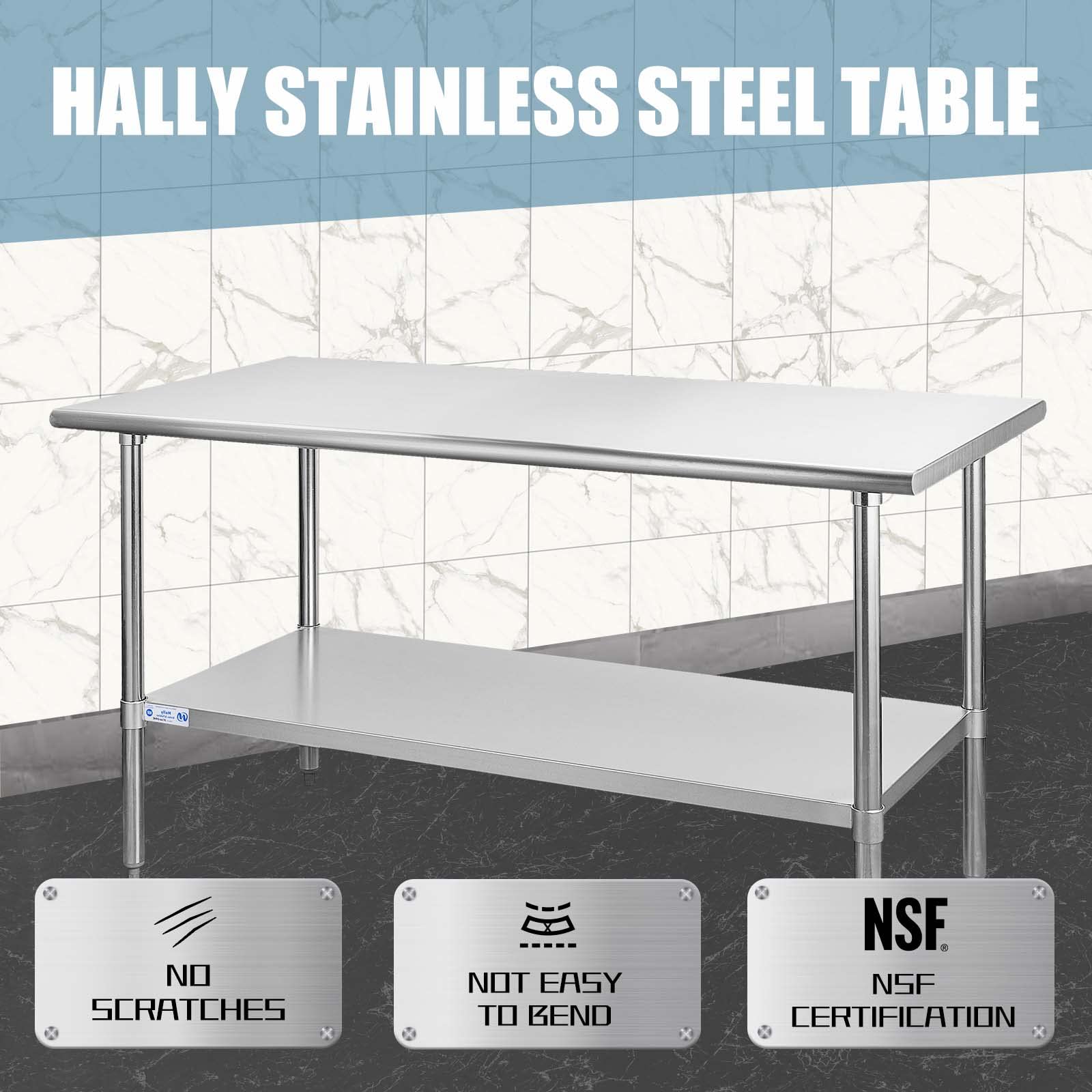 Hally Stainless Steel Table for Prep & Work 24 x 60 Inches, NSF Commercial Heavy Duty Table with Undershelf and Galvanized Legs for Restaurant, Home and Hotel