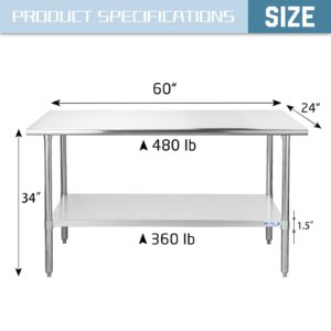 Hally Stainless Steel Table for Prep & Work 24 x 60 Inches, NSF Commercial Heavy Duty Table with Undershelf and Galvanized Legs for Restaurant, Home and Hotel