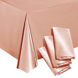 sparkle and bash 3 pack rose gold plastic tablecloth, metallic table cover disposable for pink birthday parties, gender reveal, bridal shower decorations (54 x 108 in)